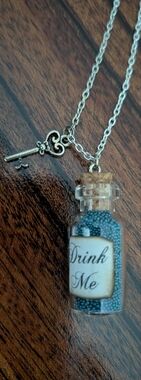 Alice In Wonderland Glass Bottle 'Drink Me' Pendant Necklace with Key Charm